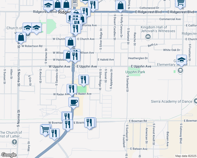 map of restaurants, bars, coffee shops, grocery stores, and more near 605 South Silver Ridge Street in Ridgecrest