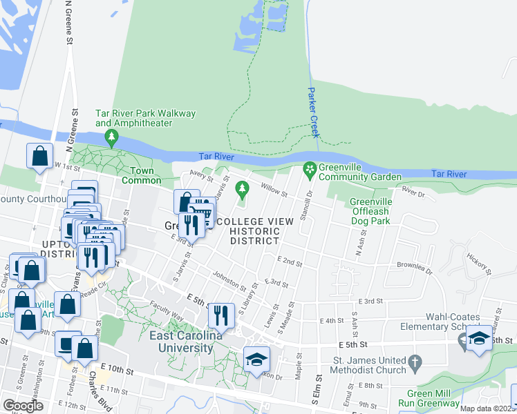 map of restaurants, bars, coffee shops, grocery stores, and more near 111 North Harding Street in Greenville