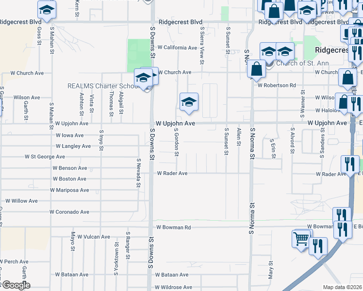 map of restaurants, bars, coffee shops, grocery stores, and more near 608 South Gordon Street in Ridgecrest