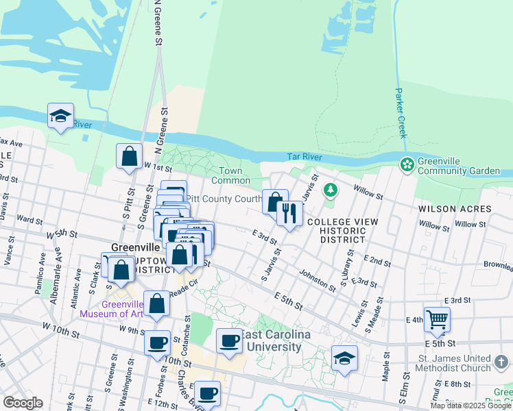map of restaurants, bars, coffee shops, grocery stores, and more near 413 East 2nd Street in Greenville