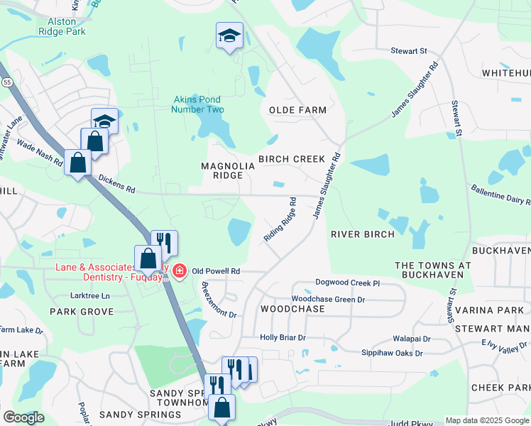 map of restaurants, bars, coffee shops, grocery stores, and more near 108 Oaklake Court in Fuquay-Varina