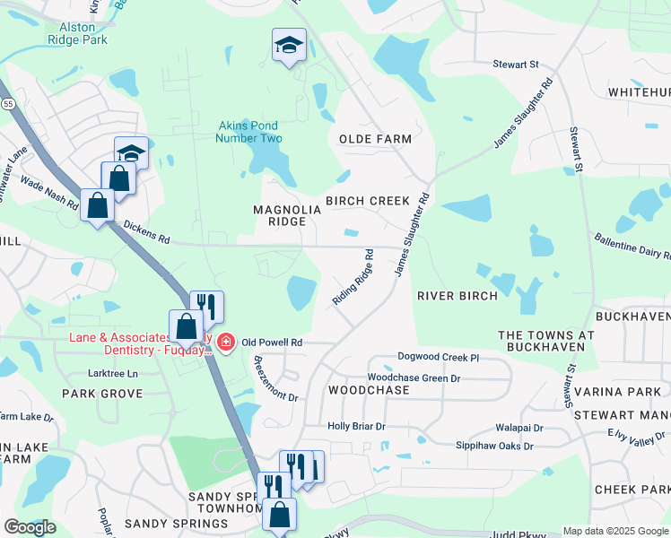 map of restaurants, bars, coffee shops, grocery stores, and more near 108 Oaklake Court in Fuquay-Varina