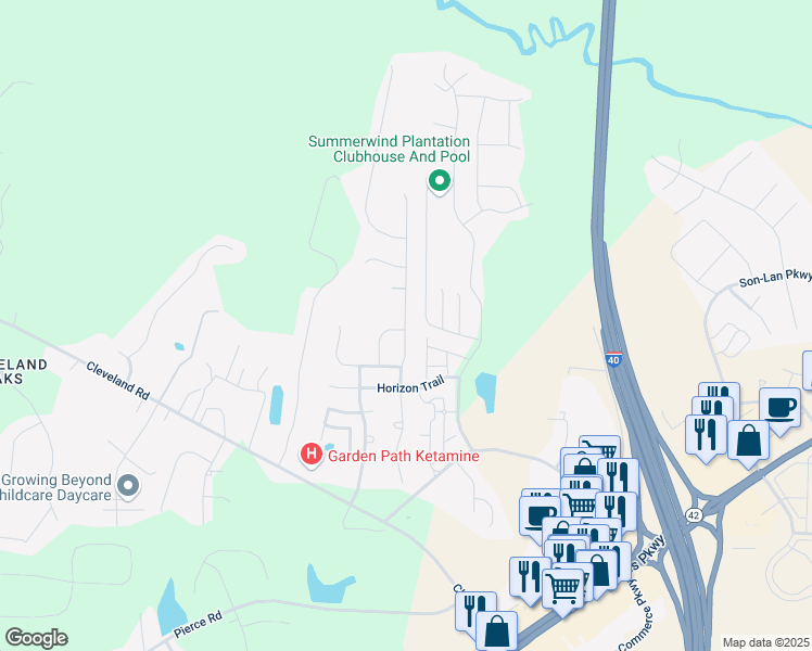 map of restaurants, bars, coffee shops, grocery stores, and more near Outwater Ridge Drive in Garner