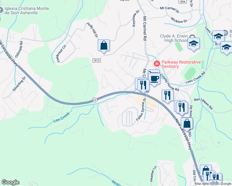 map of restaurants, bars, coffee shops, grocery stores, and more near New Leicester Highway in Asheville