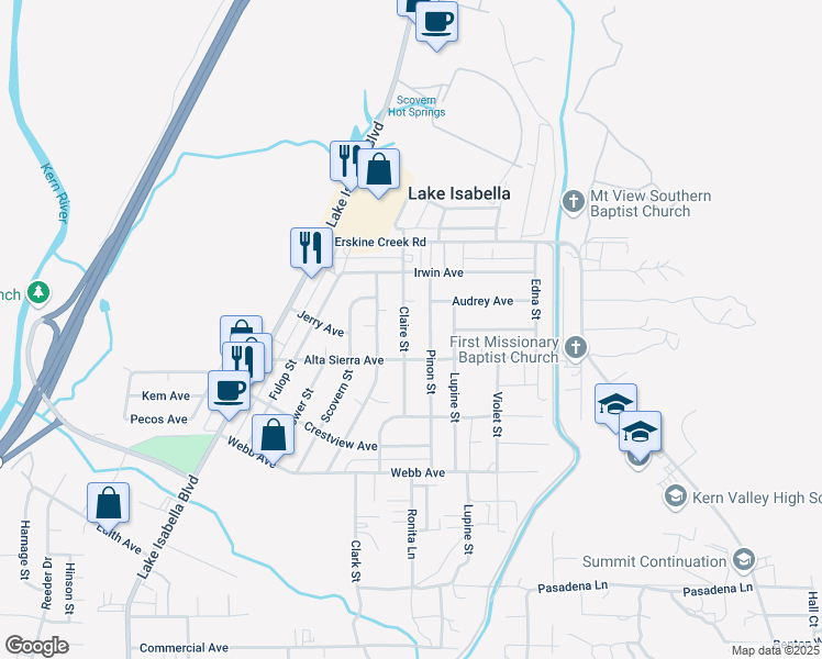 map of restaurants, bars, coffee shops, grocery stores, and more near 2820 Claire Street in Lake Isabella