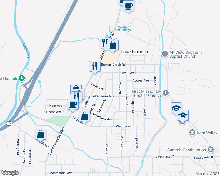 map of restaurants, bars, coffee shops, grocery stores, and more near 2804 Steensen Street in Lake Isabella