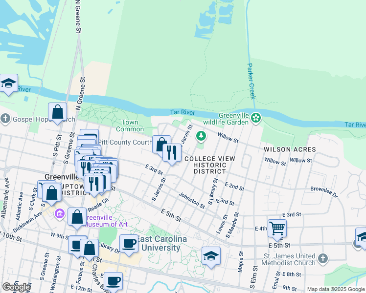 map of restaurants, bars, coffee shops, grocery stores, and more near 100 South Woodlawn Avenue in Greenville