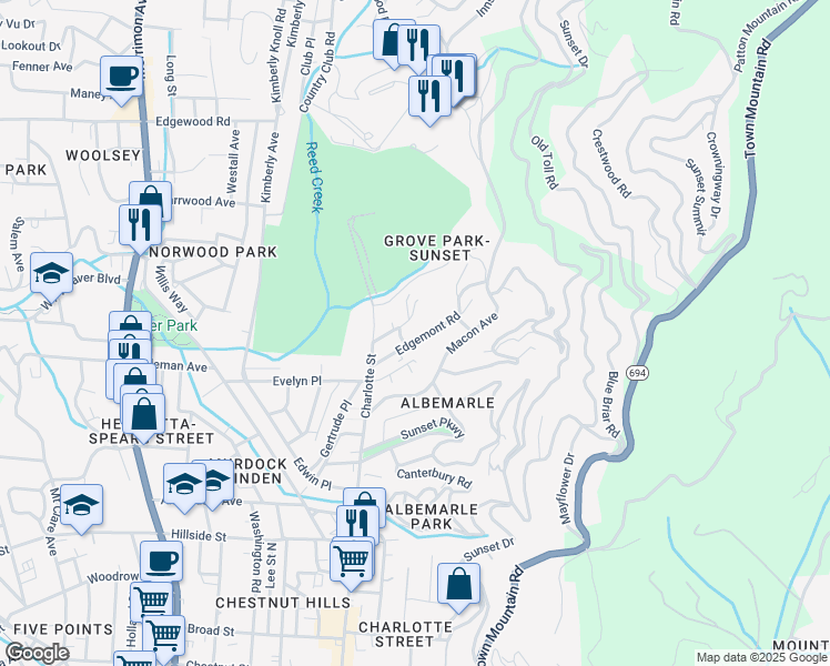 map of restaurants, bars, coffee shops, grocery stores, and more near 44 Edgemont Road in Asheville
