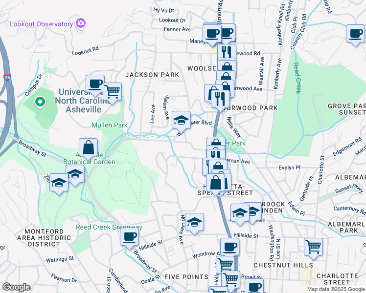 map of restaurants, bars, coffee shops, grocery stores, and more near 158 Coleman Avenue in Asheville