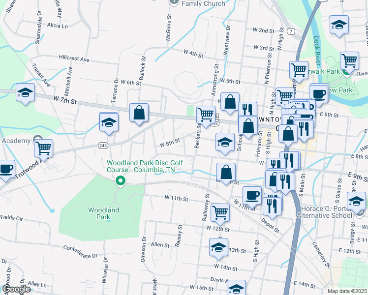 map of restaurants, bars, coffee shops, grocery stores, and more near 609 West 9th Street in Columbia
