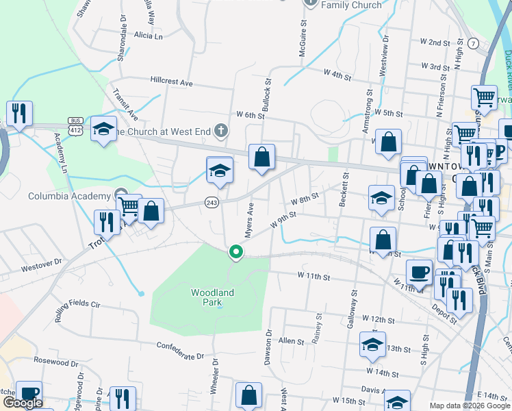 map of restaurants, bars, coffee shops, grocery stores, and more near 912 Myers Avenue in Columbia