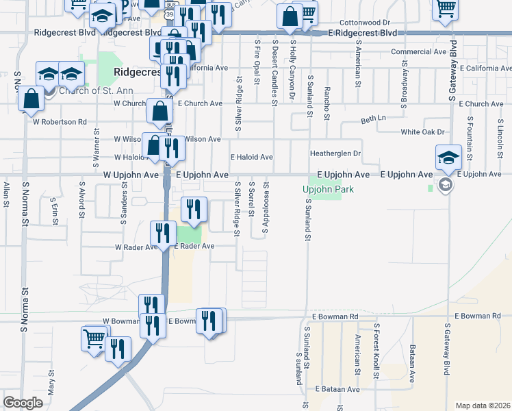 map of restaurants, bars, coffee shops, grocery stores, and more near 608 South Sorrel Street in Ridgecrest