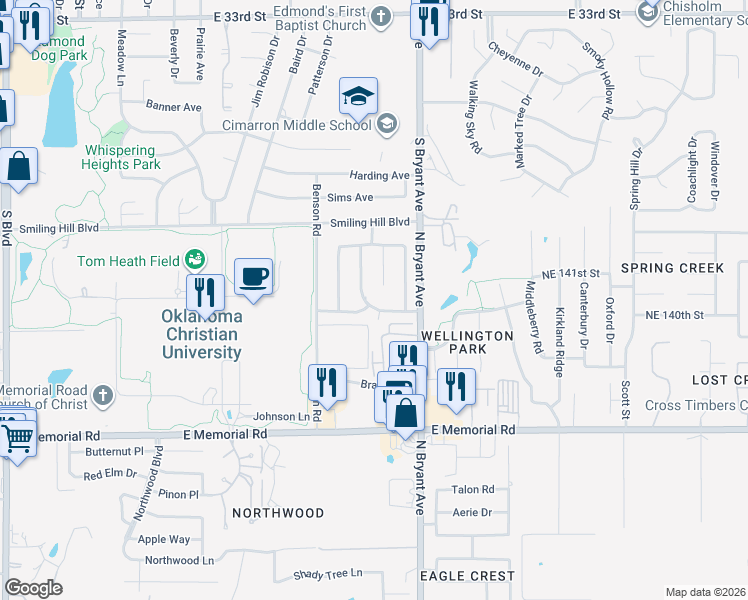 map of restaurants, bars, coffee shops, grocery stores, and more near 2904 Gettysburg Road in Edmond
