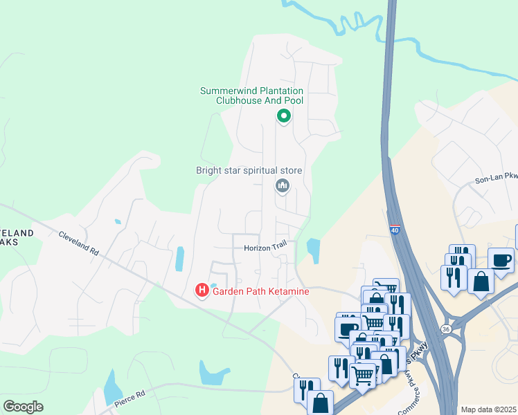 map of restaurants, bars, coffee shops, grocery stores, and more near 115 Beacon Way in Garner