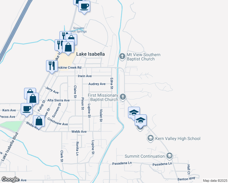 map of restaurants, bars, coffee shops, grocery stores, and more near 2820 Edna Street in Lake Isabella