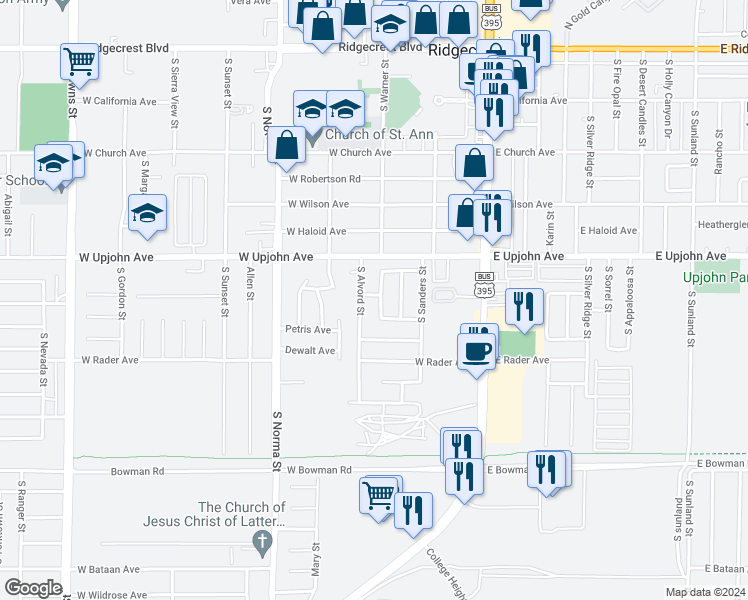 map of restaurants, bars, coffee shops, grocery stores, and more near 543 South Warner Street in Ridgecrest