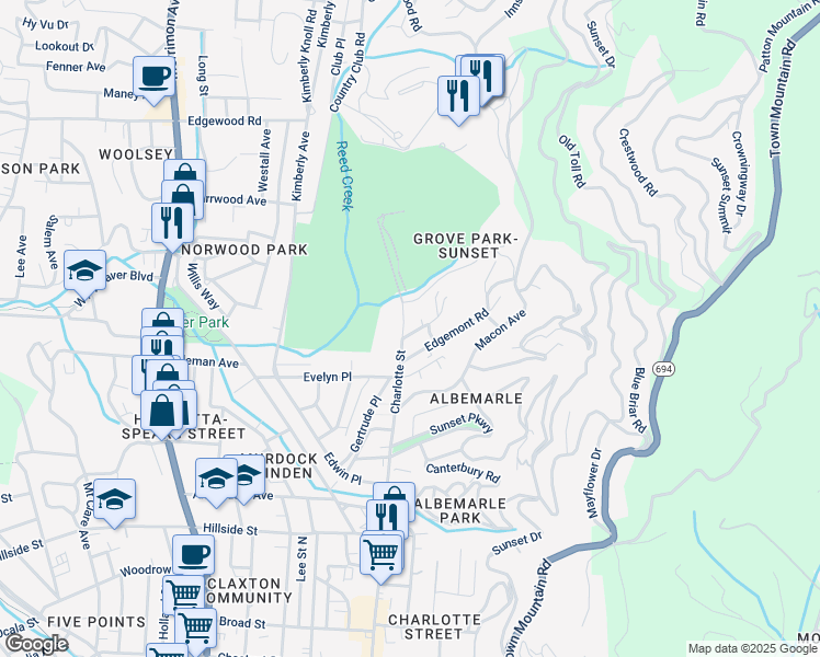 map of restaurants, bars, coffee shops, grocery stores, and more near 401 Charlotte Street in Asheville
