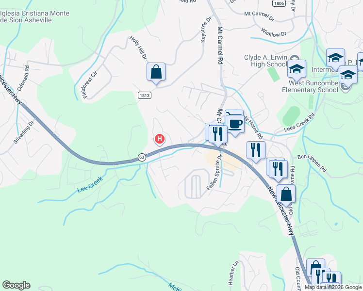 map of restaurants, bars, coffee shops, grocery stores, and more near 805 Village Creek Drive in Asheville