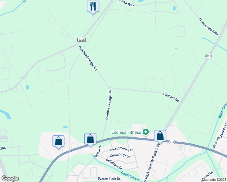 map of restaurants, bars, coffee shops, grocery stores, and more near 108 Oliphant Road in Mooresville