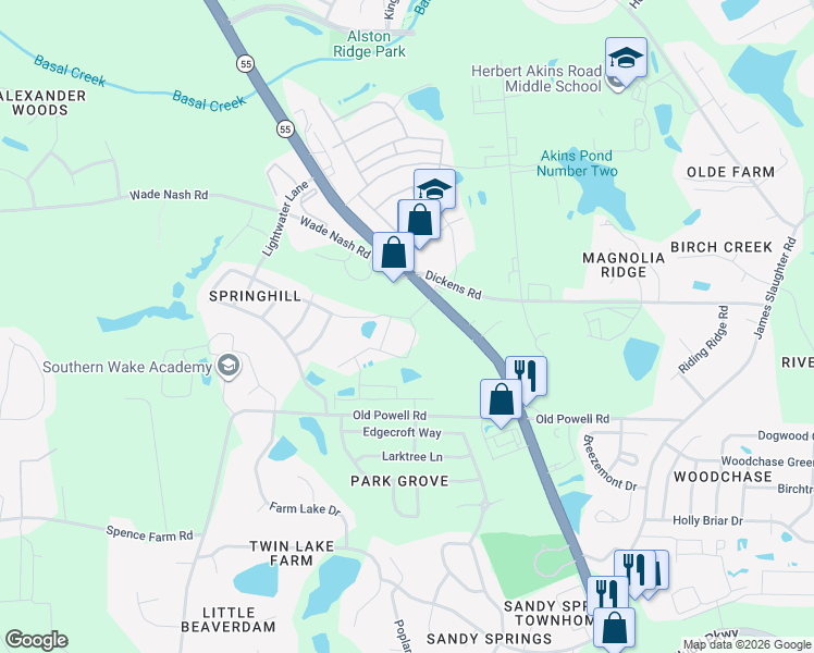 map of restaurants, bars, coffee shops, grocery stores, and more near 4805 Wade Nash Road in Holly Springs