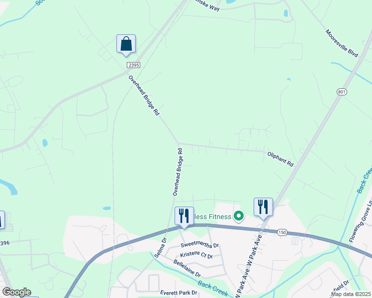 map of restaurants, bars, coffee shops, grocery stores, and more near 108 Oliphant Road in Mooresville