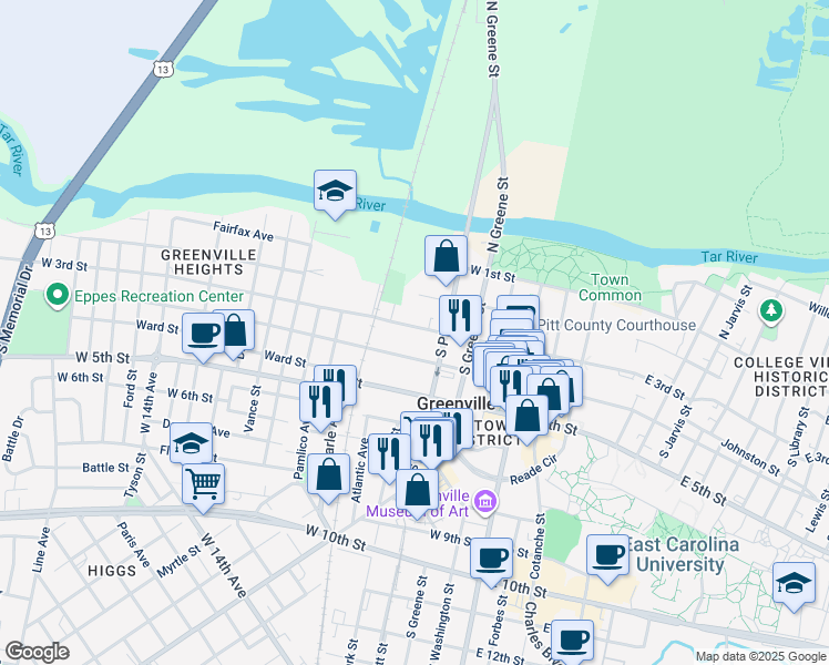 map of restaurants, bars, coffee shops, grocery stores, and more near 415 West 3rd Street in Greenville