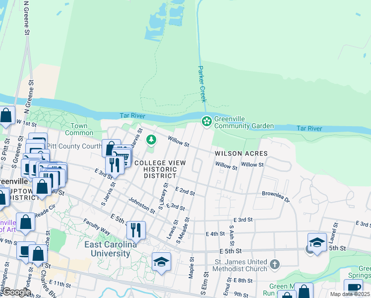 map of restaurants, bars, coffee shops, grocery stores, and more near 125 North Eastern Street in Greenville