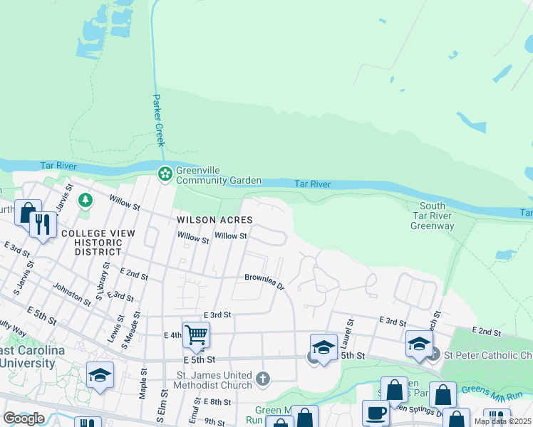 map of restaurants, bars, coffee shops, grocery stores, and more near 1905 River Drive in Greenville