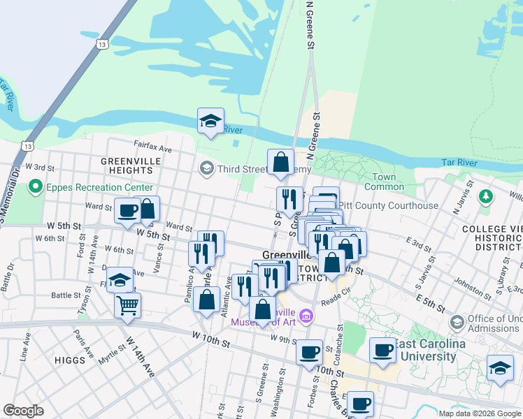 map of restaurants, bars, coffee shops, grocery stores, and more near 207 New Street in Greenville