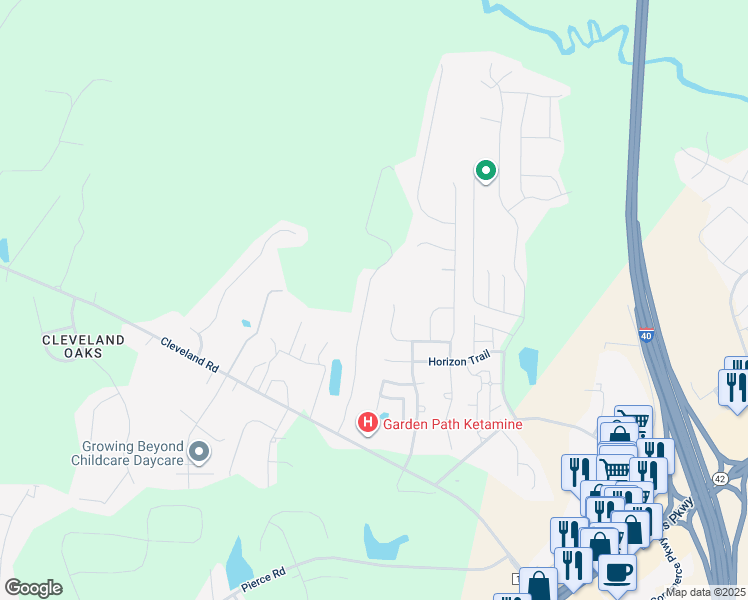 map of restaurants, bars, coffee shops, grocery stores, and more near 350 Boone Tr in Garner