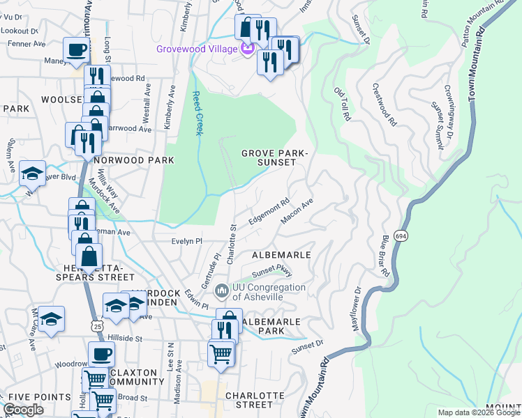map of restaurants, bars, coffee shops, grocery stores, and more near 55 Edgemont Road in Asheville