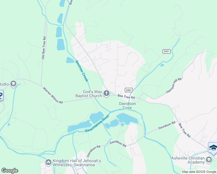 map of restaurants, bars, coffee shops, grocery stores, and more near 6 Sunset Lane in Swannanoa
