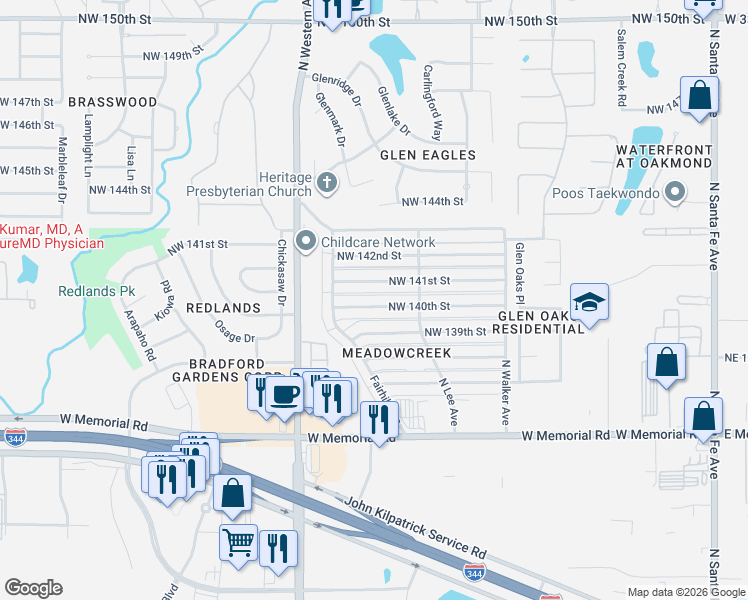map of restaurants, bars, coffee shops, grocery stores, and more near 809 Northwest 141st Street in Edmond