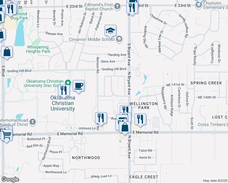 map of restaurants, bars, coffee shops, grocery stores, and more near 14209 Heritage Circle in Edmond