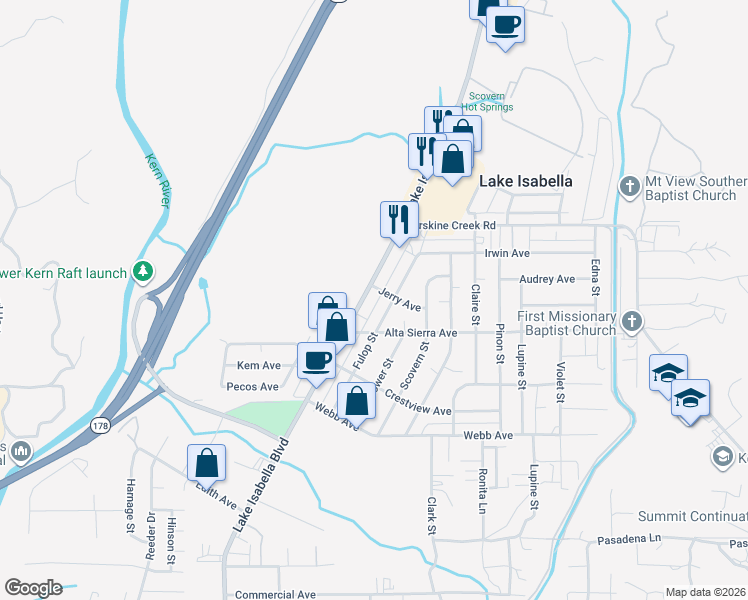 map of restaurants, bars, coffee shops, grocery stores, and more near 5328 Lake Isabella Boulevard in Lake Isabella