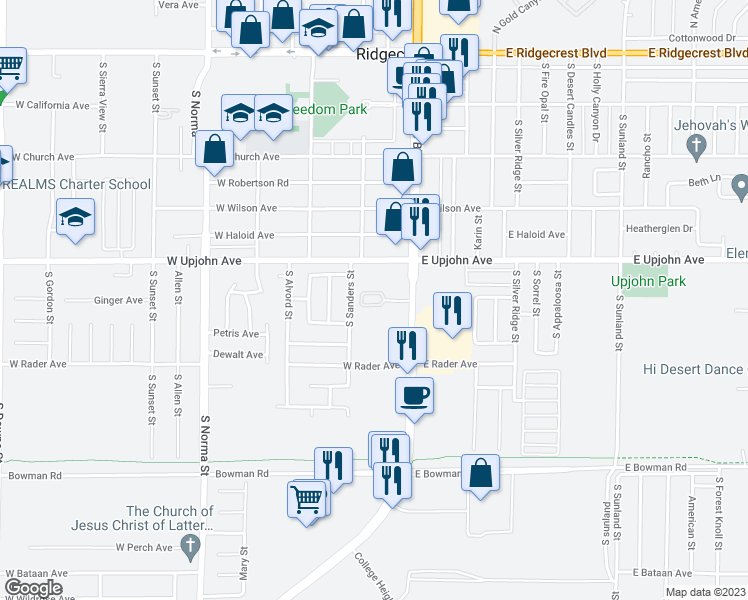 map of restaurants, bars, coffee shops, grocery stores, and more near 150 Miguel Court in Ridgecrest