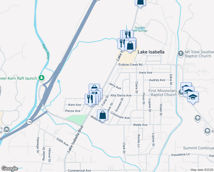 map of restaurants, bars, coffee shops, grocery stores, and more near 5328 Lake Isabella Boulevard in Lake Isabella