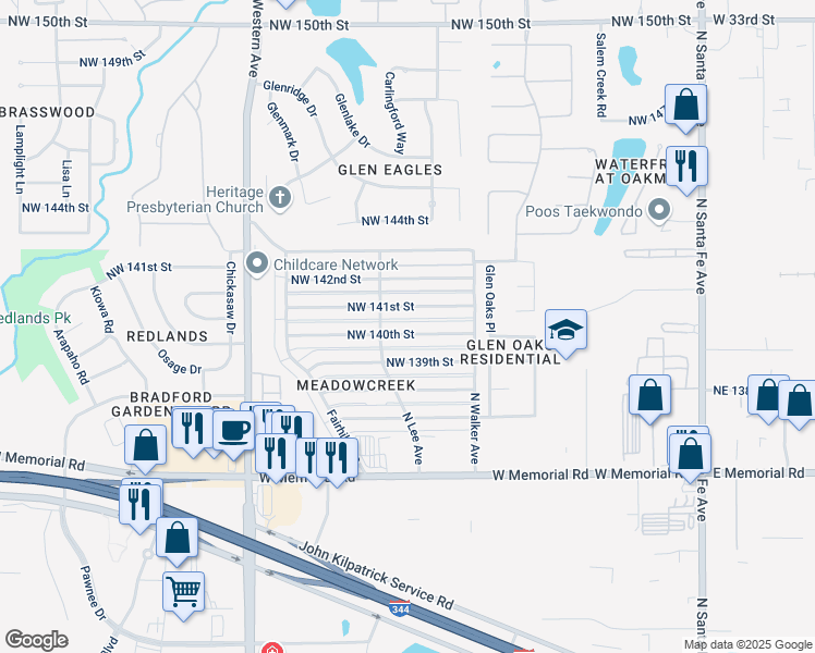 map of restaurants, bars, coffee shops, grocery stores, and more near 616 Northwest 141st Street in Edmond