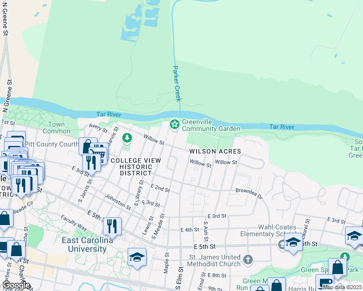 map of restaurants, bars, coffee shops, grocery stores, and more near 218 Stancill Drive in Greenville