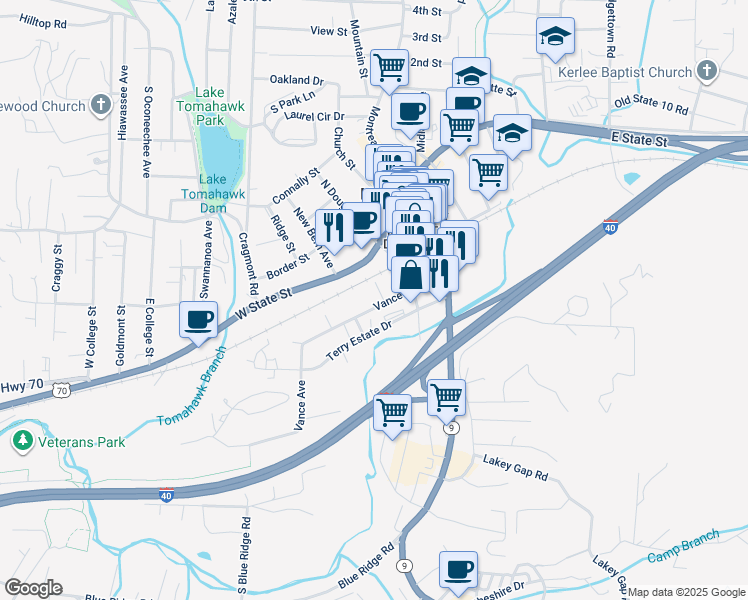 map of restaurants, bars, coffee shops, grocery stores, and more near 99999 Spring Lane in Black Mountain