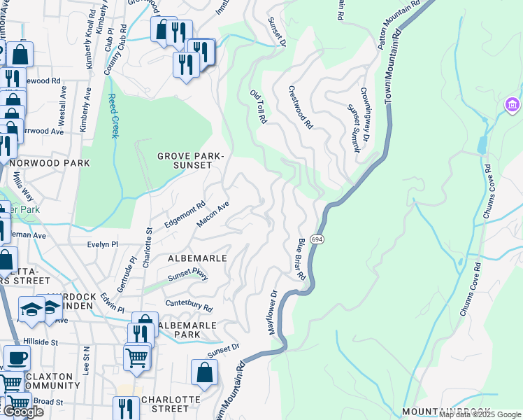map of restaurants, bars, coffee shops, grocery stores, and more near 15 Sunset Trail in Asheville