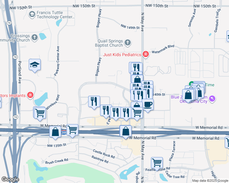 map of restaurants, bars, coffee shops, grocery stores, and more near Quail Springs Road in Oklahoma City
