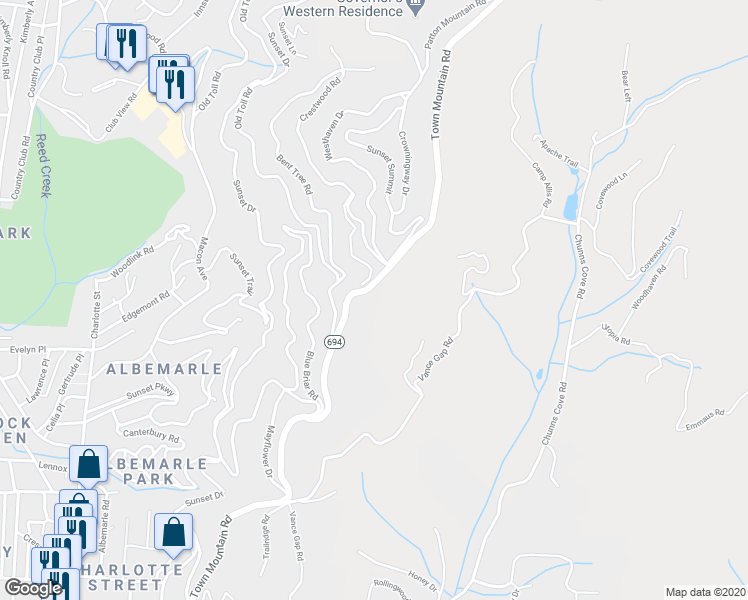 map of restaurants, bars, coffee shops, grocery stores, and more near 647 Town Mountain Road in Asheville