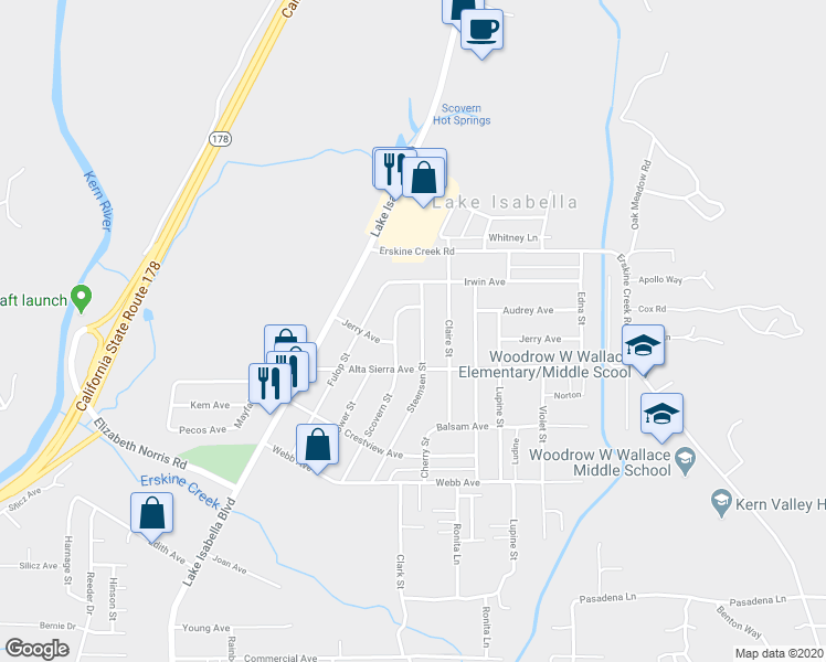 map of restaurants, bars, coffee shops, grocery stores, and more near 2825 Steensen Street in Lake Isabella