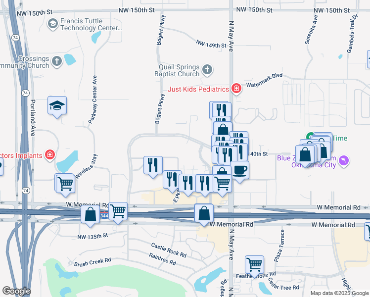map of restaurants, bars, coffee shops, grocery stores, and more near 3100 Quail Springs Parkway in Oklahoma City