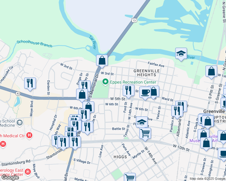 map of restaurants, bars, coffee shops, grocery stores, and more near 1500 Ward St in Greenville
