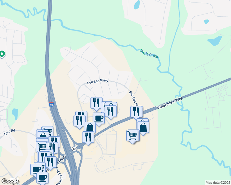 map of restaurants, bars, coffee shops, grocery stores, and more near 2640 Timber Drive in Garner