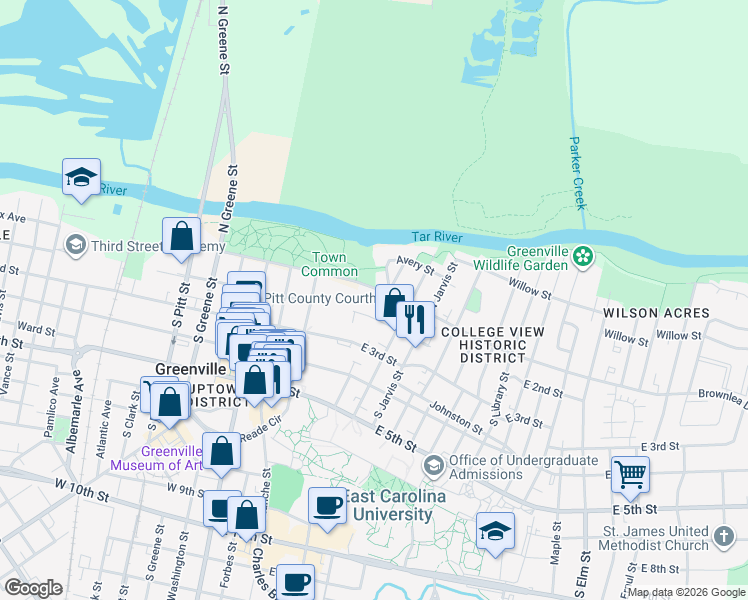map of restaurants, bars, coffee shops, grocery stores, and more near 104 Baker Street in Greenville