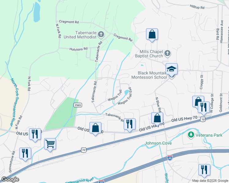 map of restaurants, bars, coffee shops, grocery stores, and more near 29 Wagon Trail in Black Mountain