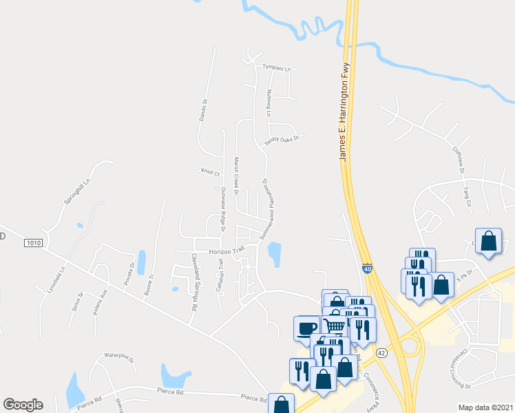 map of restaurants, bars, coffee shops, grocery stores, and more near Mariners Point Way in Garner